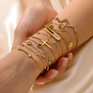 Gold stainless steel bracelet set with colorful zircon and bohemian style charms for women