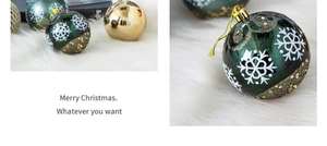 Close-up of green snowflake pattern and gold glossy Christmas ball ornaments on white faux fur
