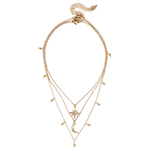 Three-layer gold necklace with star and moon pendants and sparkling rhinestones