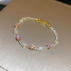 Elegant Tennis Bracelet For Women With Pink Square Zircon And White Crystals Gold Plated Copper Jewelry Light Luxury