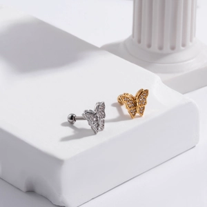 Double-headed stainless steel butterfly cartilage studs with inlaid zircons in gold and silver