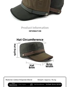 Detailed product specifications showing the material and dimensions of this military cadet cap
