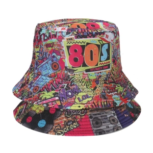 Retro 80s 90s graffiti bucket hats with colorful street art prints and disco patterns