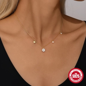 S925 sterling silver gold necklace with star, pearl and zircon flower charms for women