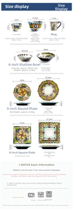 Size chart for bohemian hand-painted ceramic dinnerware set showing bowls and plates