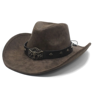 Retro dark brown western cowboy hat with a bull head emblem and metal rivets