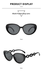 Front and side view of black cat-eye sunglasses with unique chain detail temples