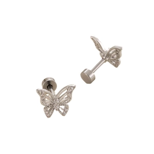 Silver butterfly cartilage earring with zircon stones and a flat screw back design