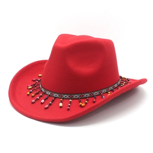 Classic red wool felt western cowboy hat with ethnic geometric band and bead accents