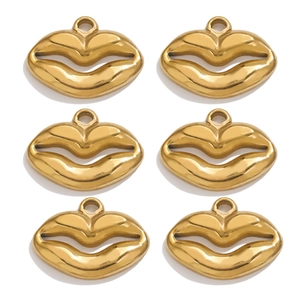 Detailed view of six hollow lip-shaped golden stainless steel pendants for DIY jewelry