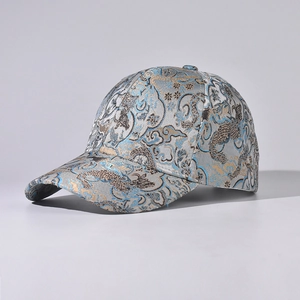 Chinese dragon pattern jacquard baseball cap with silver brocade and floral embroidery