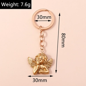 Detailed view of a golden angel keychain with weight 7.6g and total length 80mm dimensions