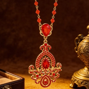 Close-up of vintage gold necklace with red crystals and intricate hollow carving details