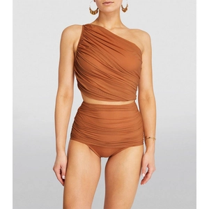 Braunes One-Shoulder-Bikini-Set mit Retro-Raffung und hoher Taille für Damen