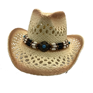 Western straw cowboy hat with gradient weave, turquoise star badge, and beaded band