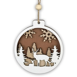 Detail of wooden Christmas deer ornament with hollow design and rustic jute rope hanging