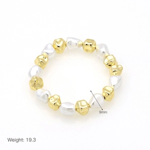 Detail view of 18k gold plated pearl bracelet showing 9mm beads and 19.3g weight