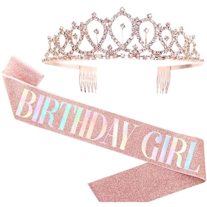Rose gold birthday girl sash with glitter finish and rhinestone crown tiara party set