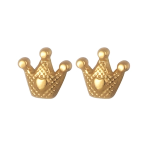 Pair of gold stainless steel crown earrings with heart relief on a clean white background