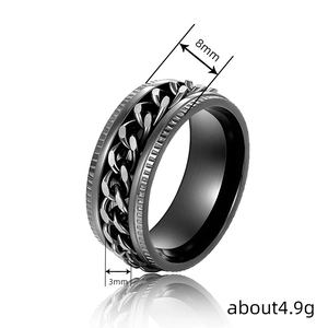 Black brushed stainless steel 8mm spinner ring with rotating chain for men