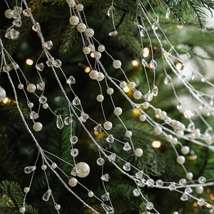 Christmas Artificial Pearl And Crystal Bead Garland String For Tree Decoration Artificial White Silver Wire Hanging Ornament