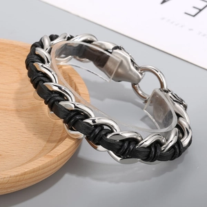 Men's titanium steel tiger head woven bracelet with silver metal chain and leather rope