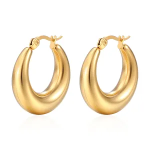 Vintage 18K Gold Plated Chunky Hoop Earrings For Women Stainless Steel Minimalist Geometric Moon Shaped Mirror Polished Jewelry