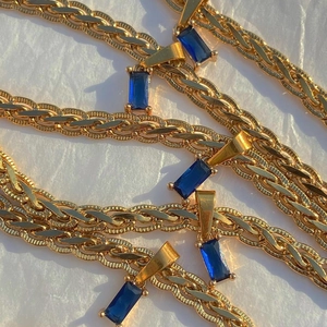 Vintage Rectangle Colorful Zircon Pendant Necklace 18K Gold Plated Brass Braided Chain Jewelry For Women