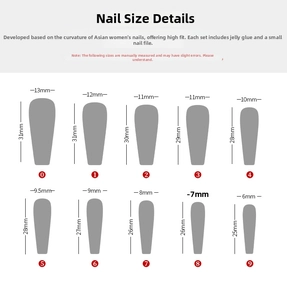 Detailed size guide table for press-on nails with width and length specifications