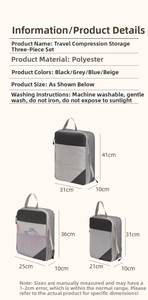 Three-piece travel storage bag set with detailed size specs and polyester fabric info