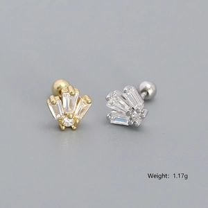 S925 silver piercing earrings with fan-shaped baguette zircon stones and dimensions