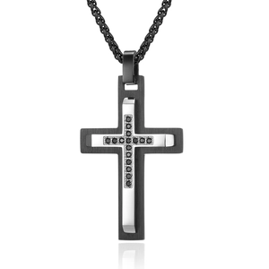 Polished titanium steel necklace with black and silver double layer stone-set cross pendant