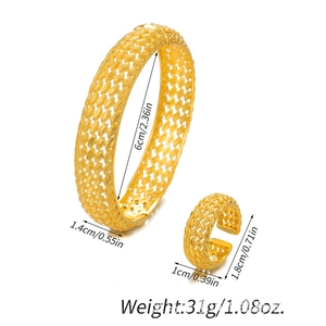 Detailed dimensions of gold plated hollow woven pattern bracelet and ring set for women