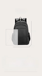 Detailed view of black waterproof nylon backpack showing A4 capacity and dimensions