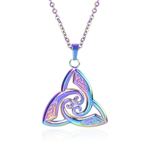 Detailed close-up of colorful rainbow plated Celtic Triquetra knot pendant with fine textures