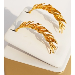 French Retro Gold Wheat Ear Leaf Drop Earrings For Women Brass 3D Tassel Feather Earrings With 925 Sterling Silver Earring Post