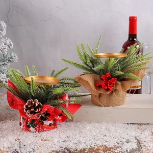 Christmas Candle Holder Metal Tray Artificial Pine Needles Red Berries Pine Cones Burlap Base Festive Table Decor