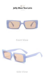 Front and side view of retro rectangular sunglasses with blue jelly frames and amber lenses