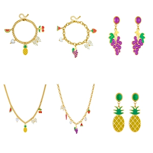 Süßes Obst Schmuckset mit Goldketten, Emaille Wassermelone Ananas und Perlenanhängern