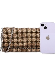 Elegant gold rhinestone evening bag with chain strap shown next to a smartphone for size reference