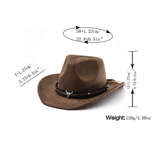 Detailed dimensions of brown western cowboy hat with metal bull head buckle ornament