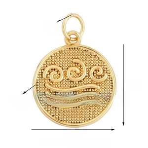 Detail of 14mm gold round heart pendant with spiral texture and beaded grain finish