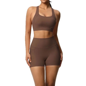 Women's 2 piece coffee brown yoga set with sports bra and high waisted side pocket shorts