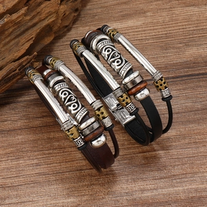 Men Multi-Layer Leather Bracelet Retro Tribal Totem Alloy Wood Beaded Adjustable Braid Jewelry