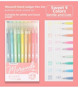 Detailed swatches of 9-color 0.5mm Morandi gel pens on grid paper with packaging
