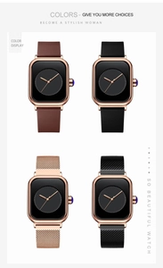 Four stylish square quartz watches with silicone and mesh straps in multiple colors
