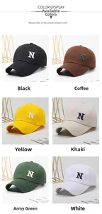 Detailed view of six cotton baseball caps in varied colors with side N embroidery