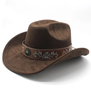 Vintage Western Cowboy Hat Suede Large Brim Ethnic Embroidery Faux Leather Band Turquoise Stud Fedora For Men Women