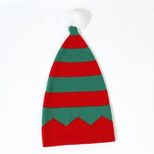 Knitted Christmas hat with red and green stripes and white pompom on white background