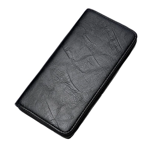 Classic black leather long wallet with textured finish and zip-around closure for men